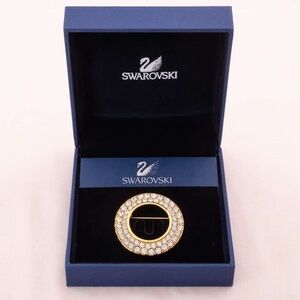 Swarovski Swan Mark Brooch Pin Gold Tone Circle Round Clear Rhinestone Crystals